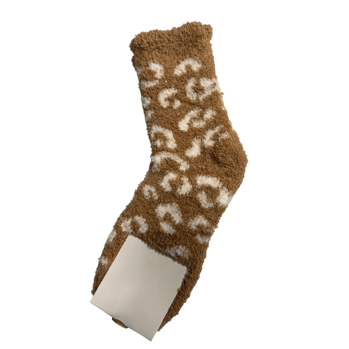 A single plush fleece sock in a brown and cream leopard print pattern, shown against a plain white background with its white paper tag still attached.