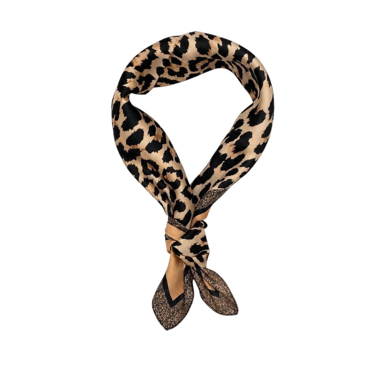 A leopard print silk scarf with a tan and black pattern, tied in a loop with the ends knotted, displayed on a clean white background.