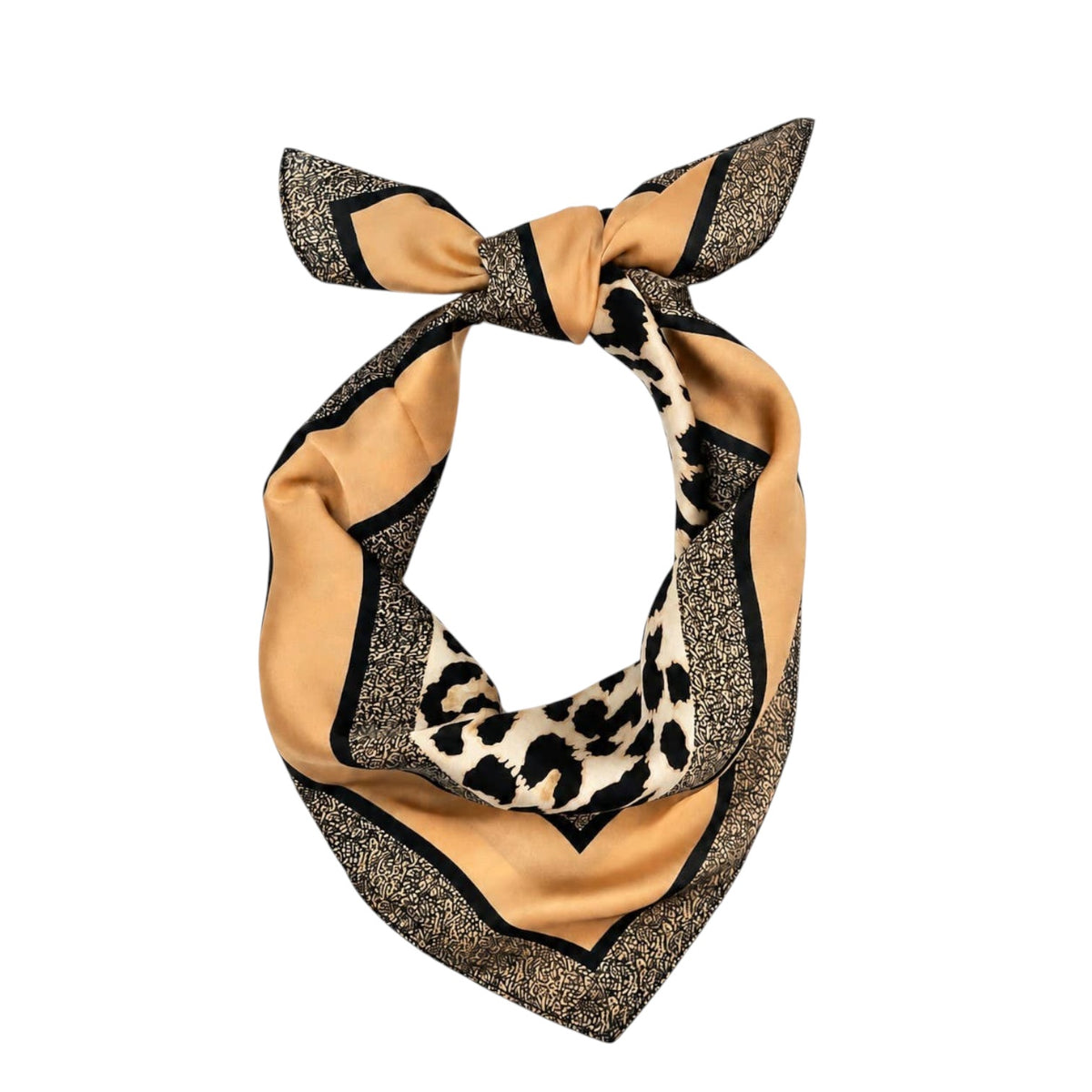 A square silk scarf styled in a knot, featuring a dual-pattern design: one side has a solid tan/beige border with black glitter-like speckles, and the other side features a black and beige leopard print. The center knot area is a solid tan/beige.