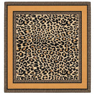 A square textile product, likely a scarf or bandana, featuring a central leopard print pattern in black and tan on a beige background, surrounded by a wide mustard yellow border and a dark textured outer edge.