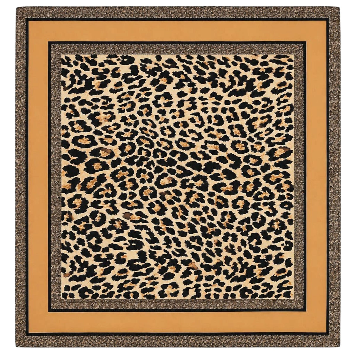 A square textile product, likely a scarf or bandana, featuring a central leopard print pattern in black and tan on a beige background, surrounded by a wide mustard yellow border and a dark textured outer edge.