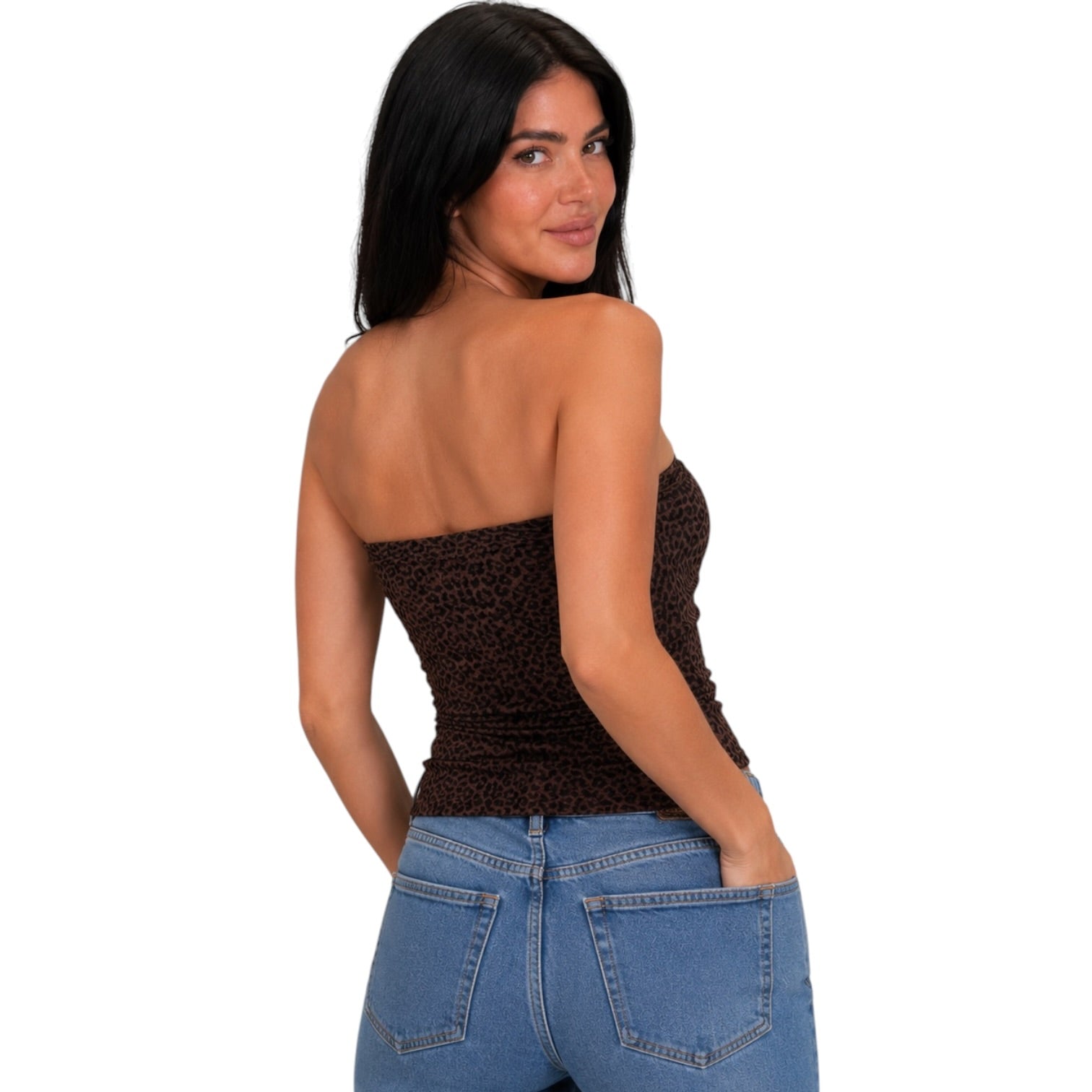 A woman shown from the back wearing a dark brown strapless tube top with a subtle leopard print pattern and blue jeans, set against a plain white background.