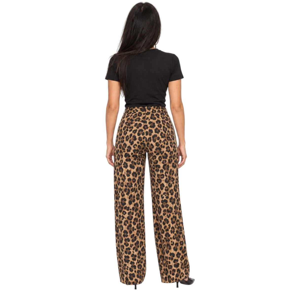 A woman shown from the back wearing leopard-print wide-leg pants and a black short-sleeve top, standing against a plain white background.