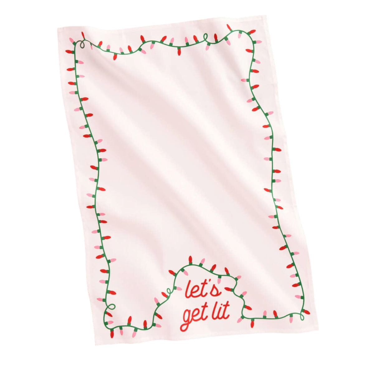 A light pink tea towel with a festive Christmas design, featuring a border of green string lights with red and pink bulbs and the phrase 'let's get lit' in red script at the bottom.