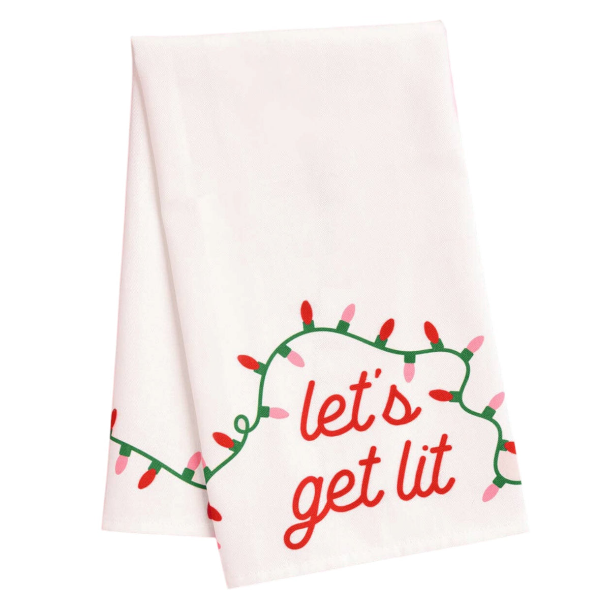 A white kitchen towel featuring the phrase 'let's get lit' in red script, decorated with a green string of Christmas lights in red, pink, and green, shown on a plain white background.