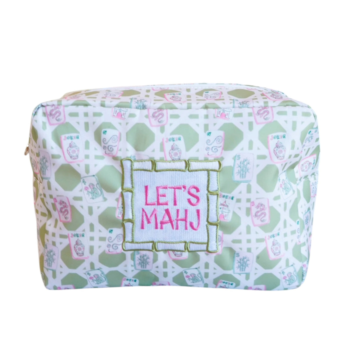 A square fabric cosmetic pouch with a white background, light green geometric pattern, and pink floral accents. The front features a central embroidered patch with the text 'LET'S MAHJ' in pink lettering inside a green border.