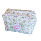 A rectangular zippered cosmetic pouch with a white background and a colorful pattern of pink, green, and gold. The front features a gold-outlined patch with the text 'LET'S MAHJ' in pink.