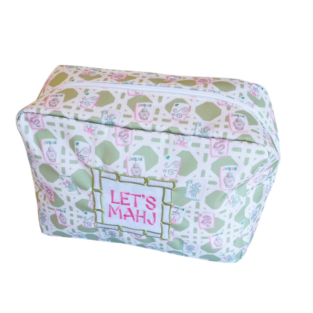 A rectangular zippered cosmetic pouch with a white background and a colorful pattern of pink, green, and gold. The front features a gold-outlined patch with the text 'LET'S MAHJ' in pink.