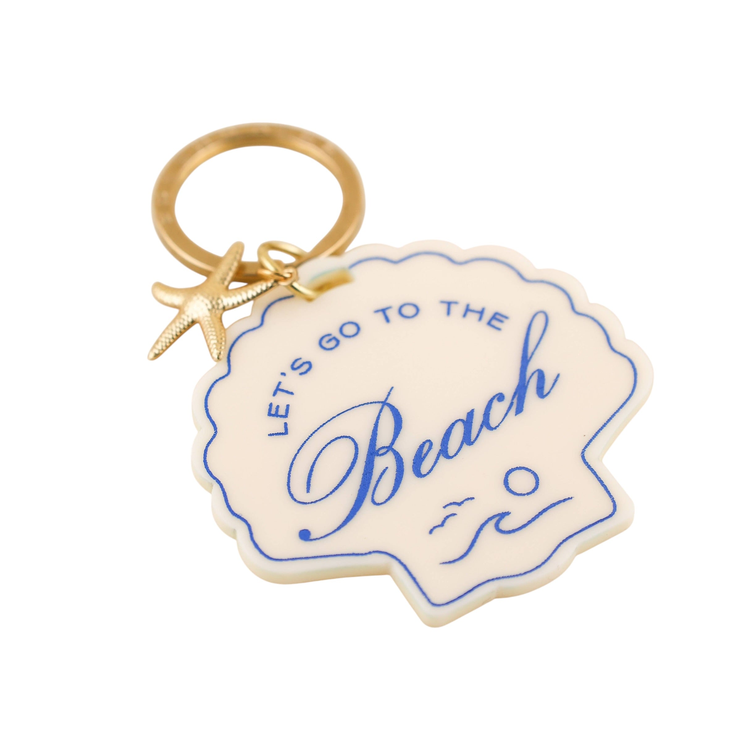 Keychain with 'Let's go to the Beach' text and starfish charm on a white background