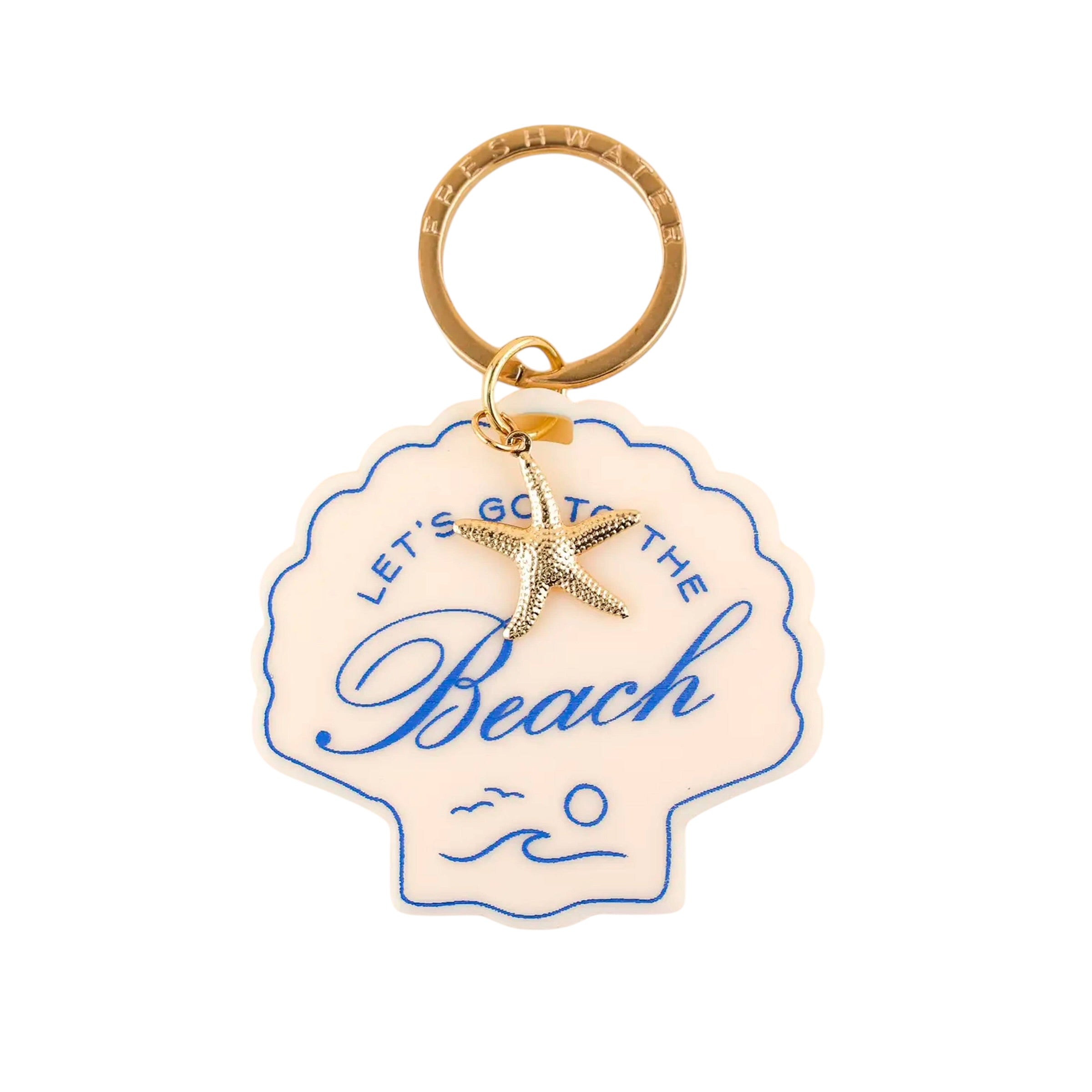 Keychain with starfish charm and 'Let's Go to the Beach' text on a shell-shaped tag.