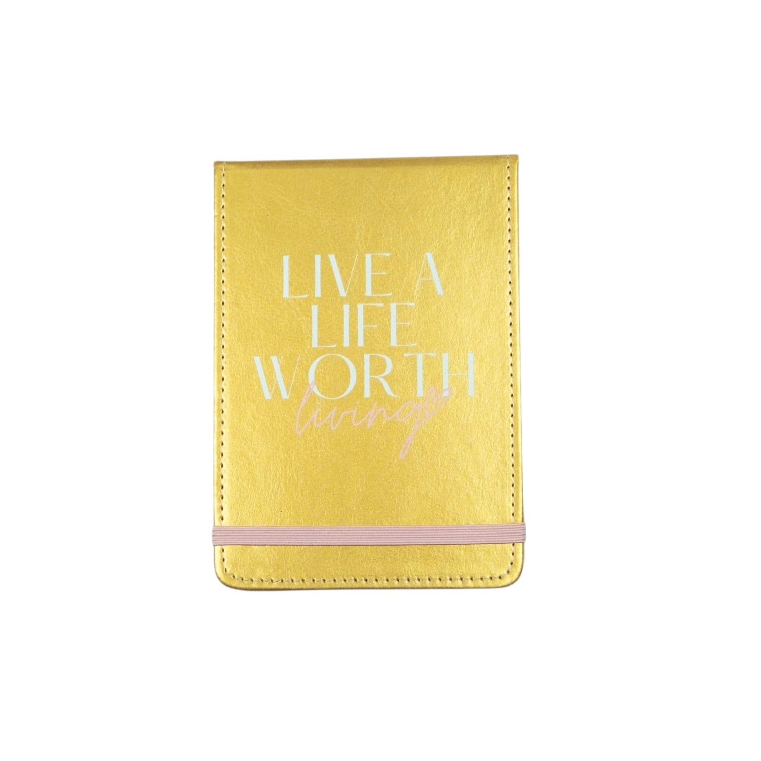 Yellow notebook with 'Live a Life Worth Living' text on a white background