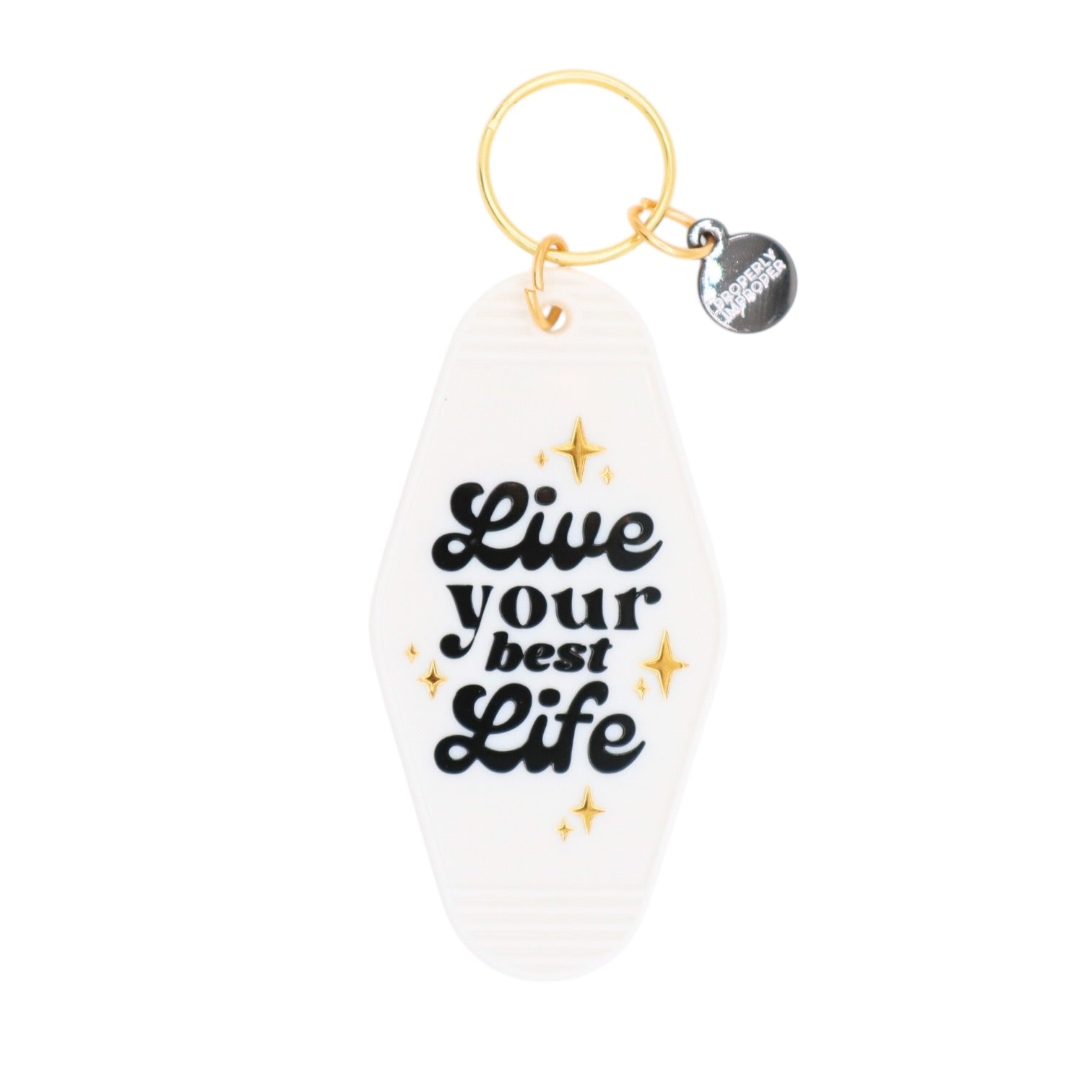 Keychain with 'Live your best life' text on a white background