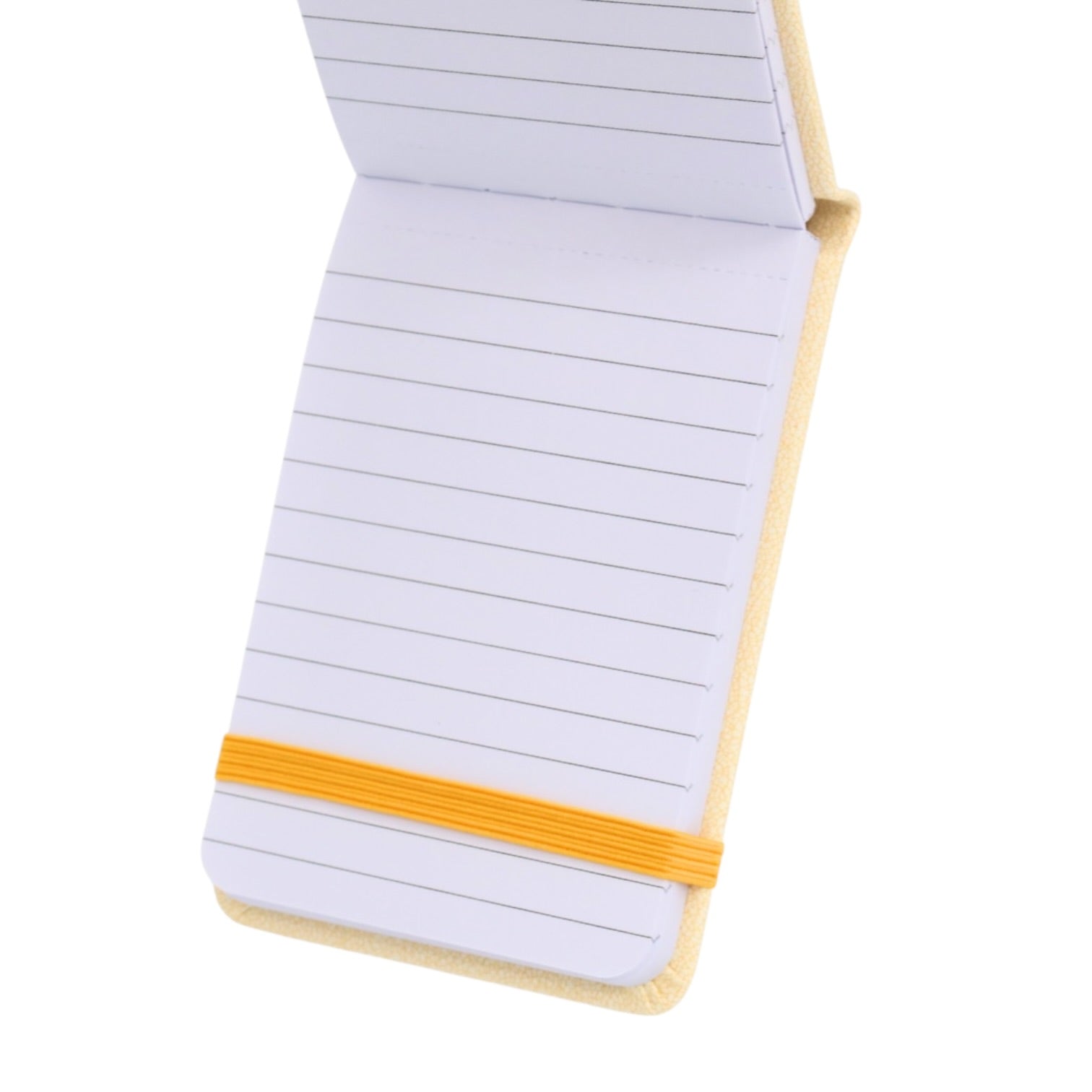 Notebook with lined pages and a yellow elastic band on a white background