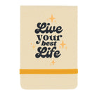 Beige notebook with 'Live your best life' text and star illustrations on a white background
