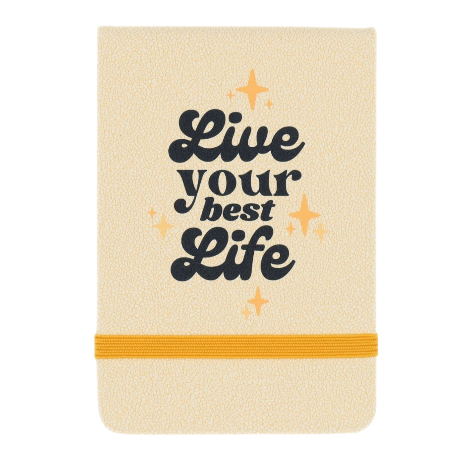 Beige notebook with 'Live your best life' text and star illustrations on a white background
