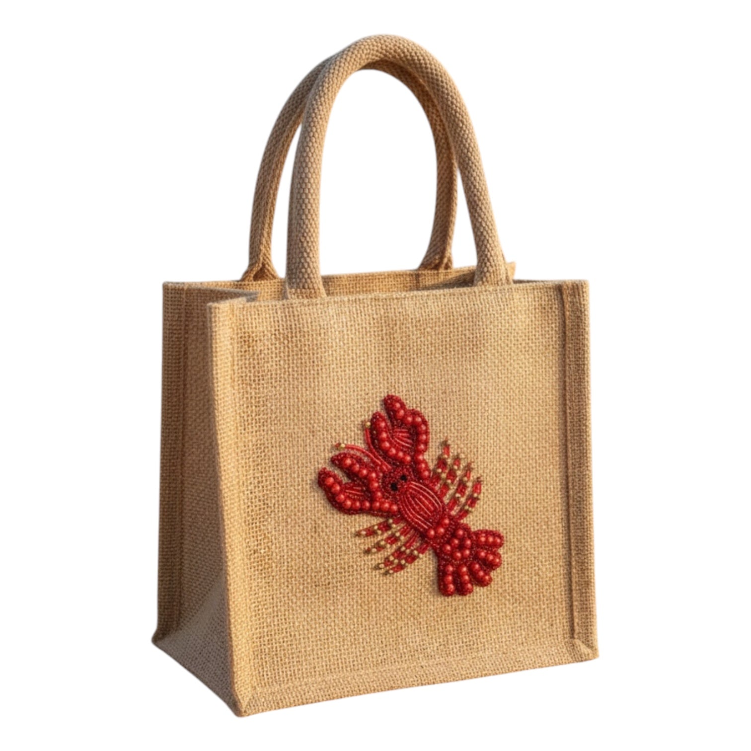 Jute bag with a red lobster design on a white background
