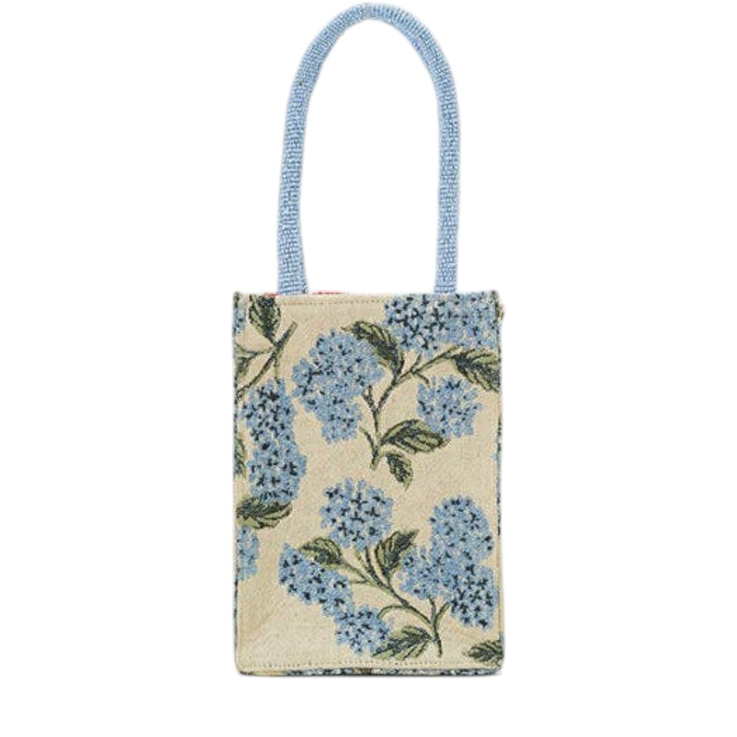 Small bag with blue floral pattern on a beige background