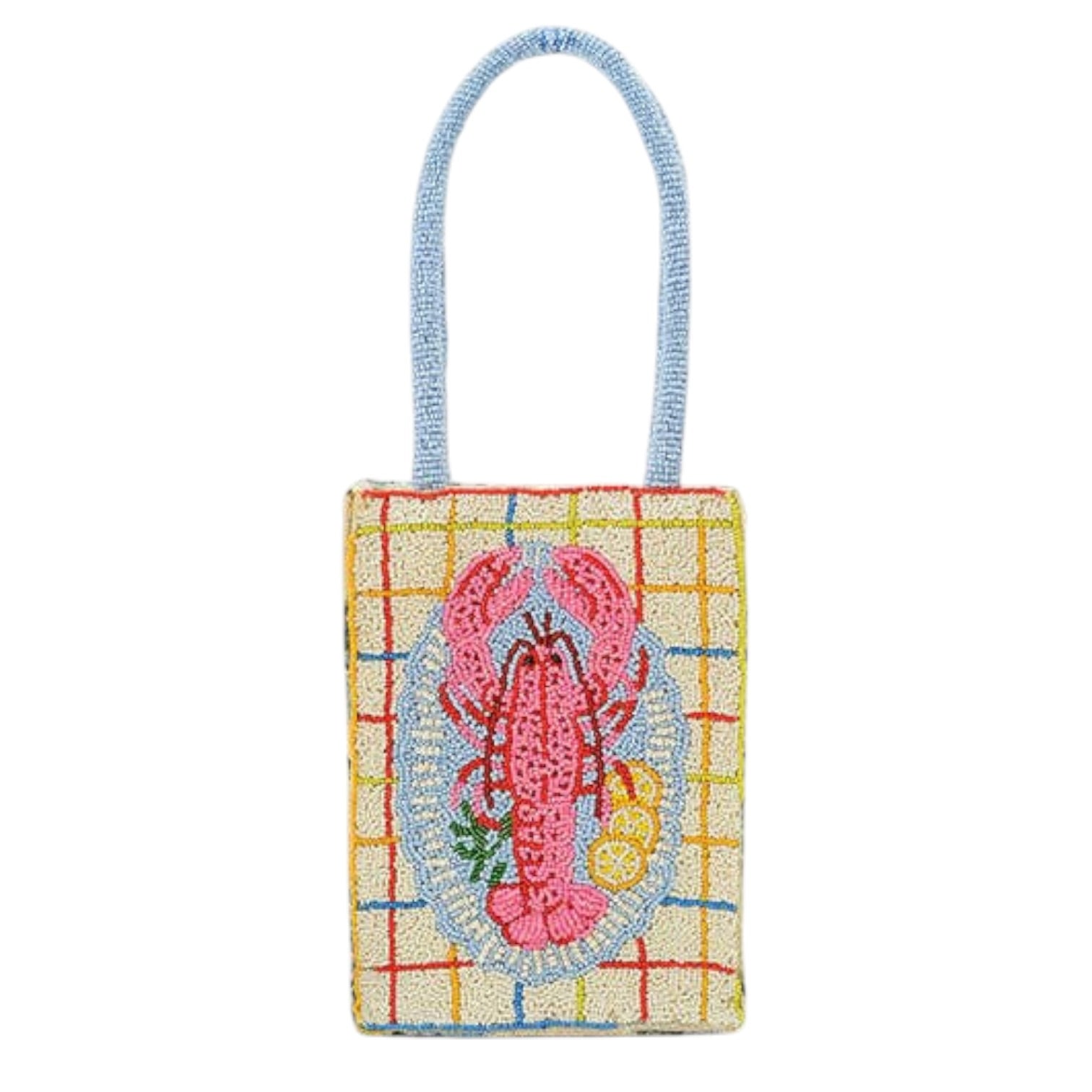 Small handbag with a lobster design on a white background