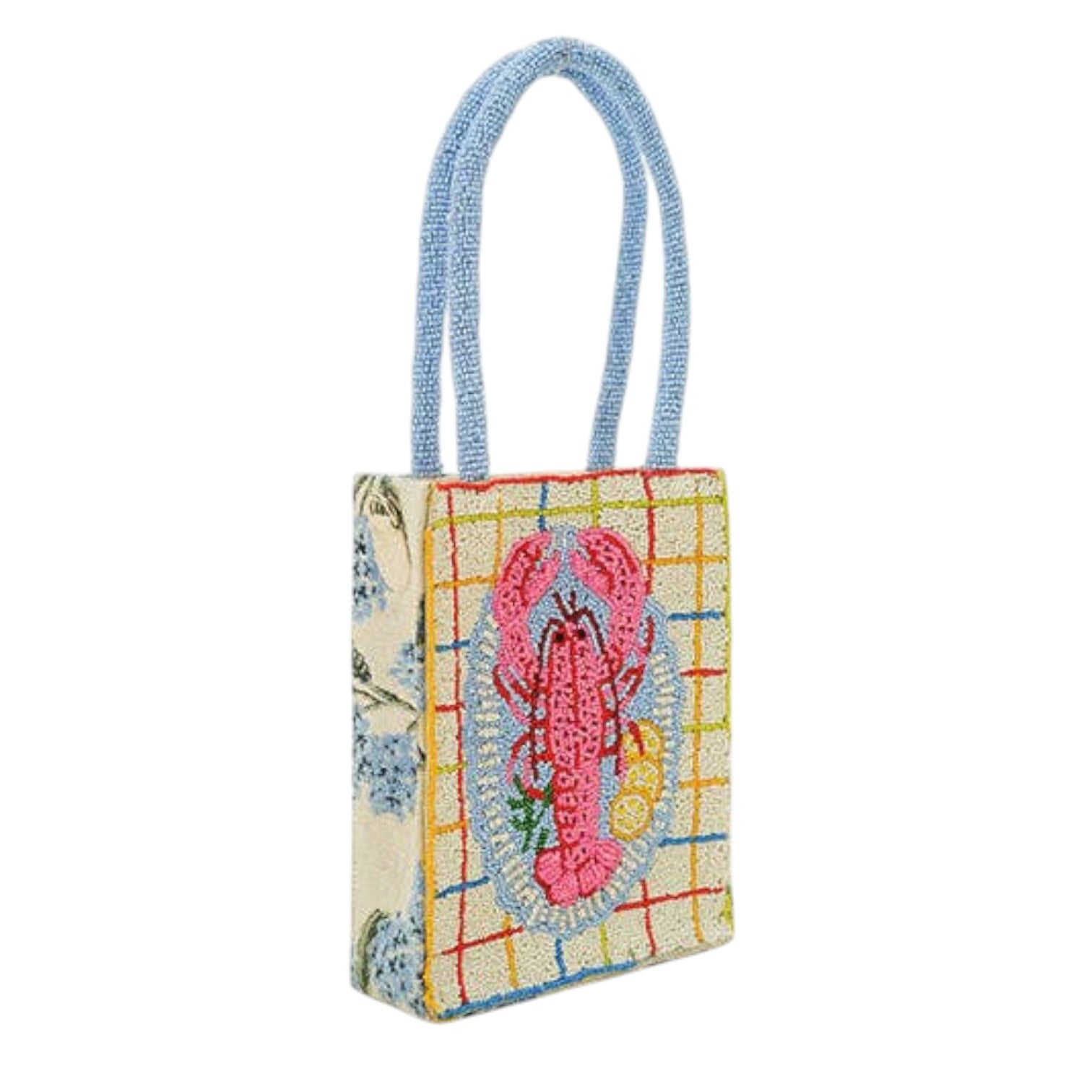 Handbag with a colorful design featuring a pink lobster on a white background