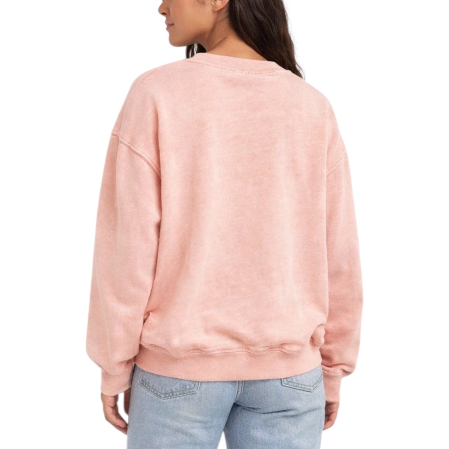 Person wearing a pink sweatshirt and light blue jeans on a white background
