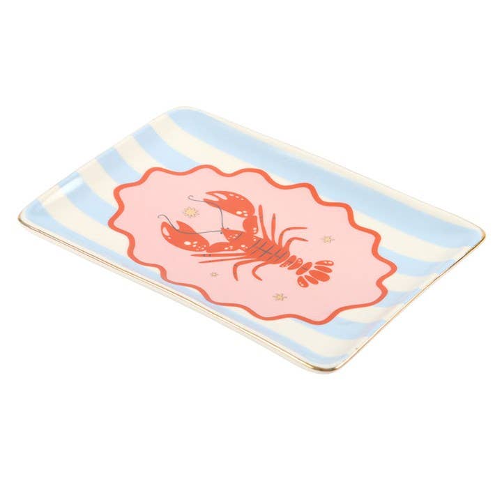 Rectangular plate with a red lobster design on a striped background