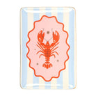 Rectangular plate with a red lobster design on a striped background