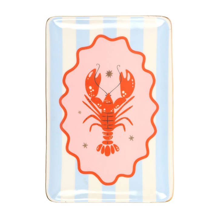 Rectangular plate with a red lobster design on a striped background