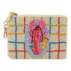 Small pouch with embroidered design on a plaid background
