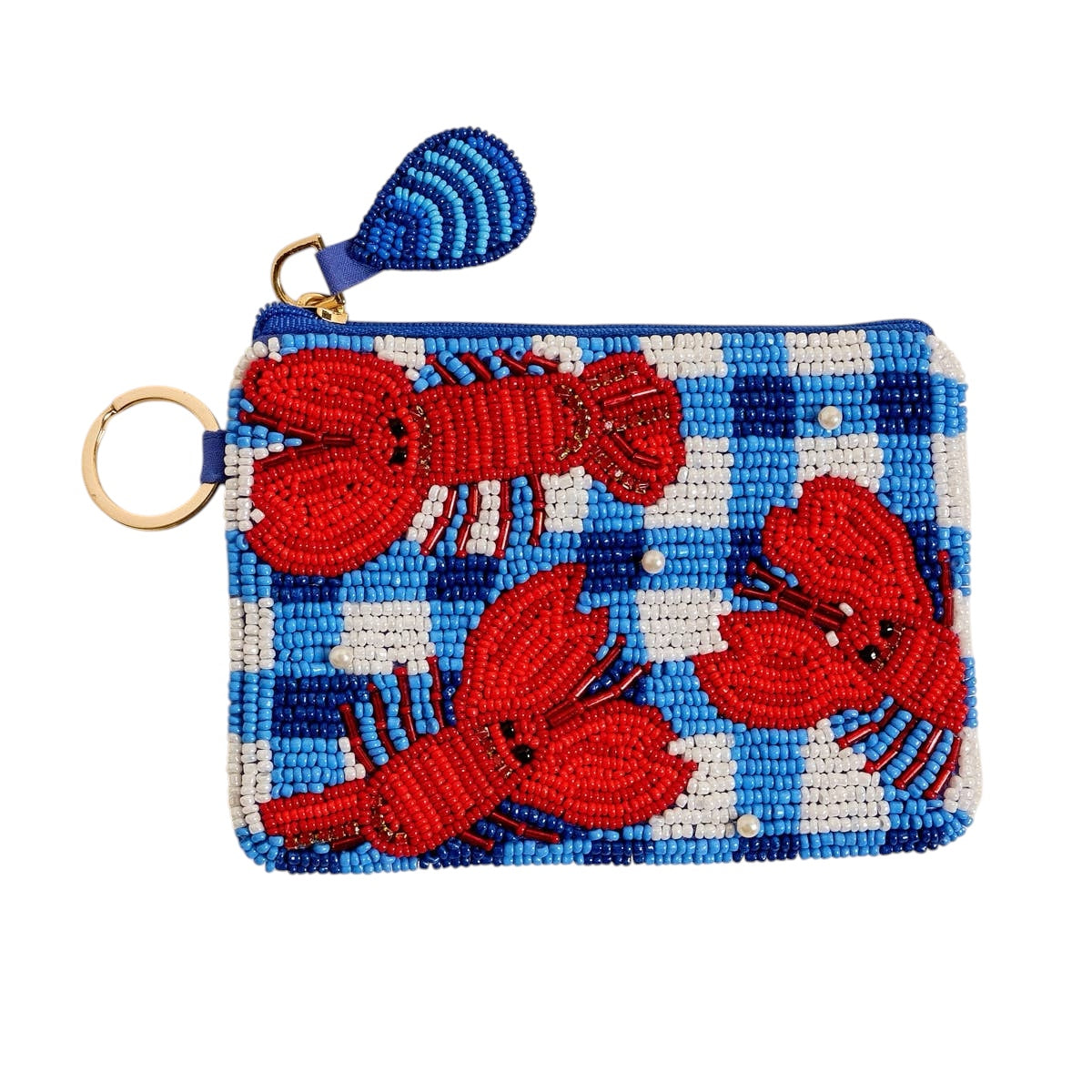 Beaded pouch with red lobster design on a blue and white checkered background