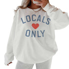 White sweatshirt with 'Locals Love Only' text and red heart on a white background
