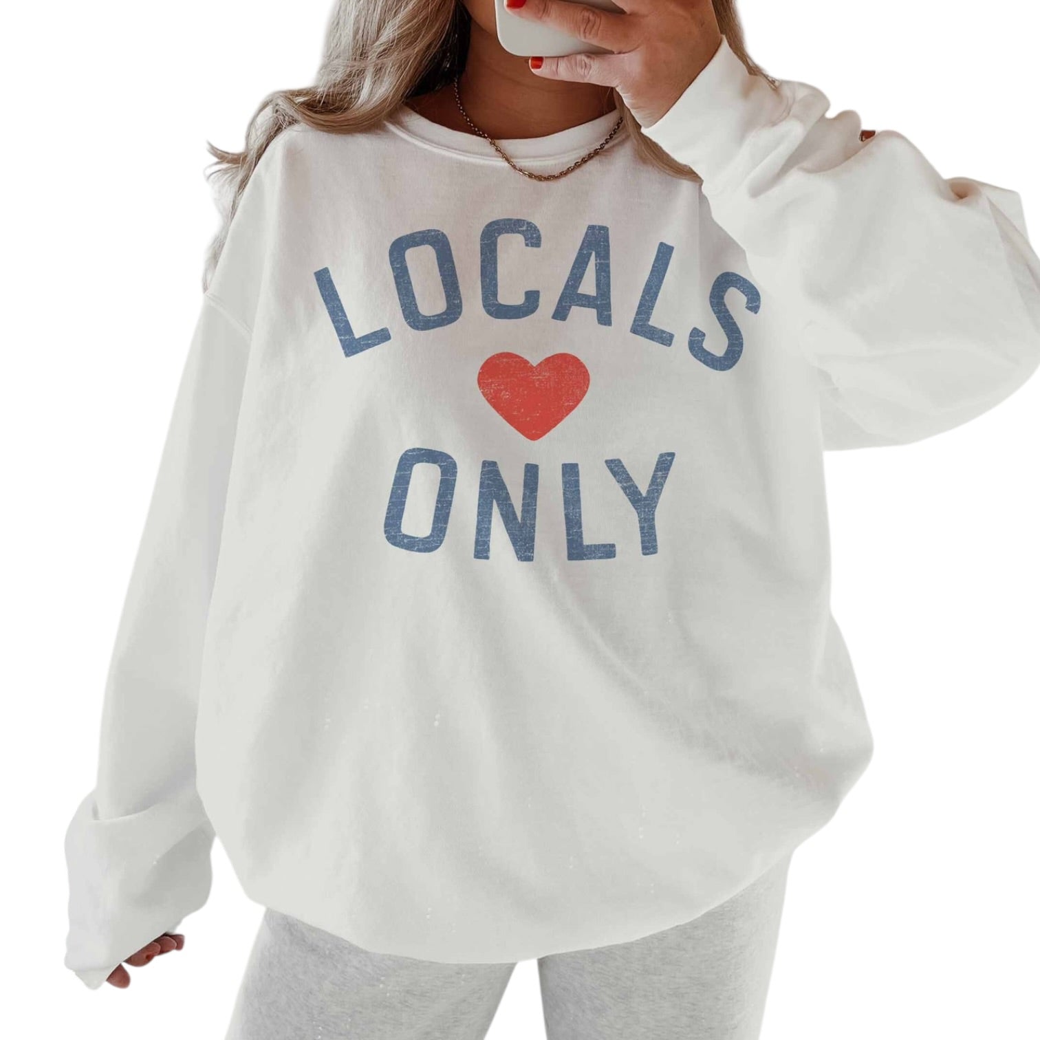 White sweatshirt with 'Locals Love Only' text and red heart on a white background