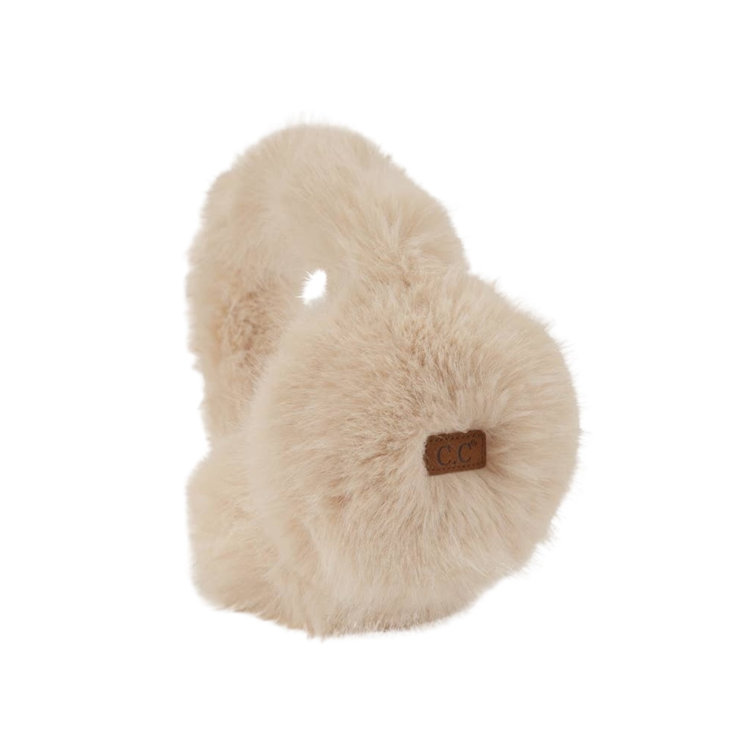 Long faux fur ear muff warmers in neutral tones, cozy winter accessory.