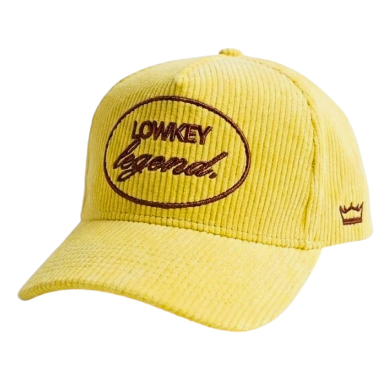 Yellow cap with 'LOWKEY legend' text on a white background