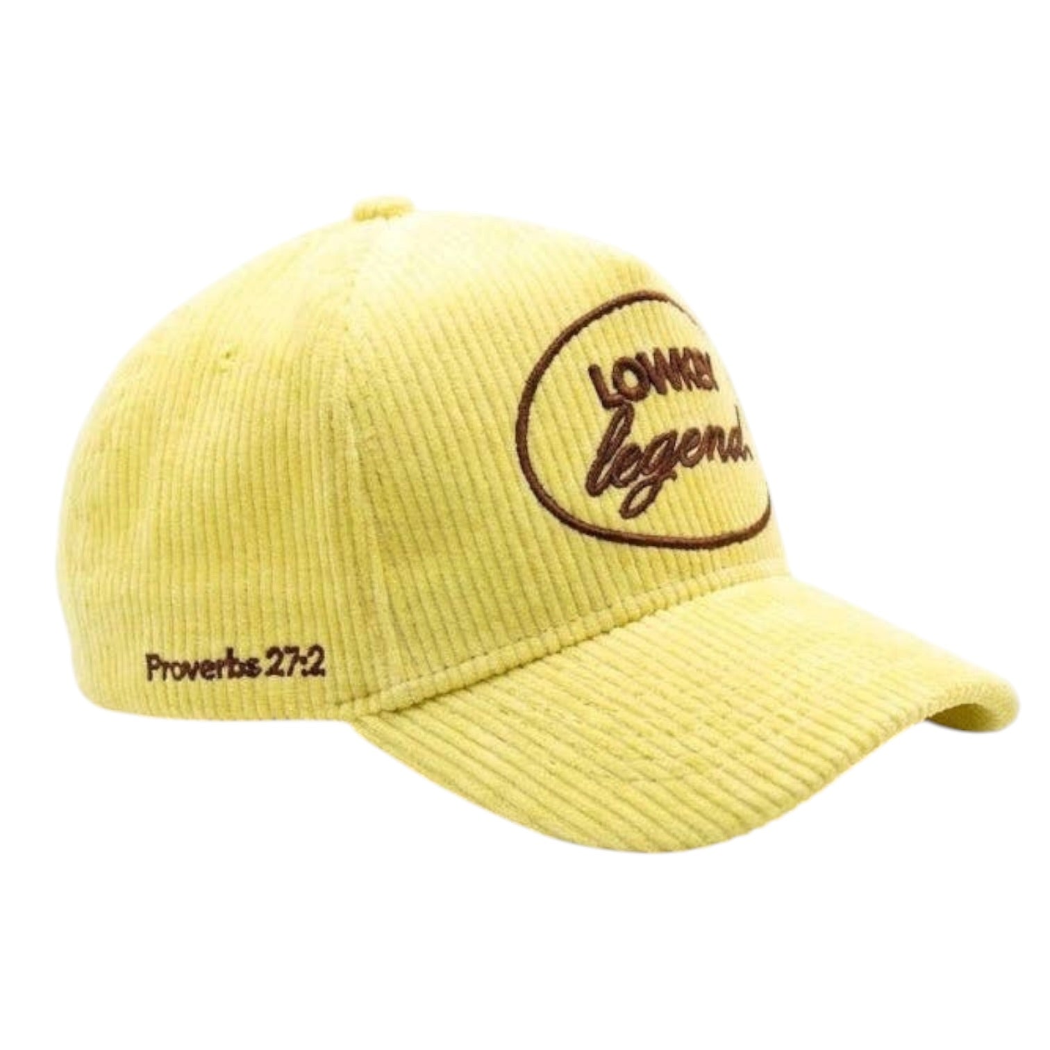Yellow cap with brown text on a white background