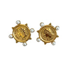 Gold coin-shaped earrings with pearl accents on a white background
