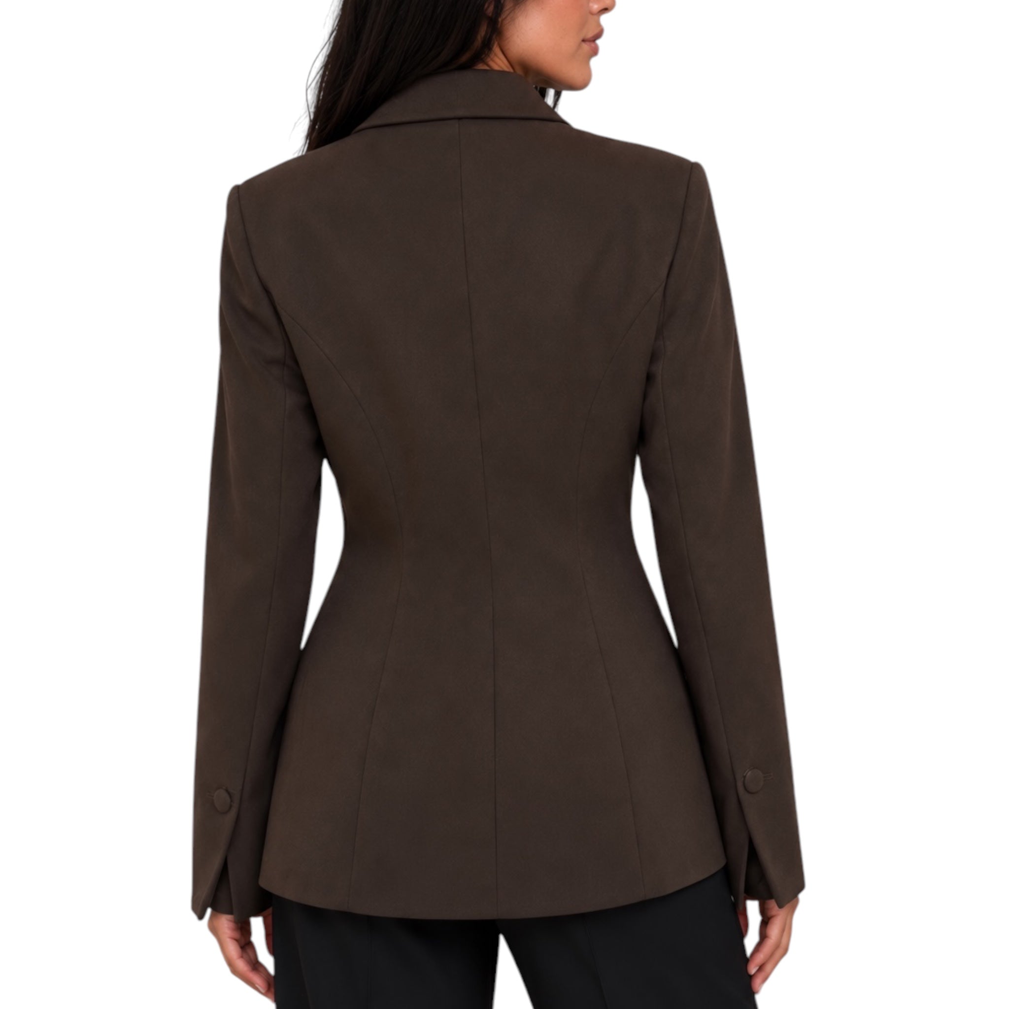 A woman shown from the back wearing a structured dark brown blazer with a peplum-like waist and black pants, against a plain white background.