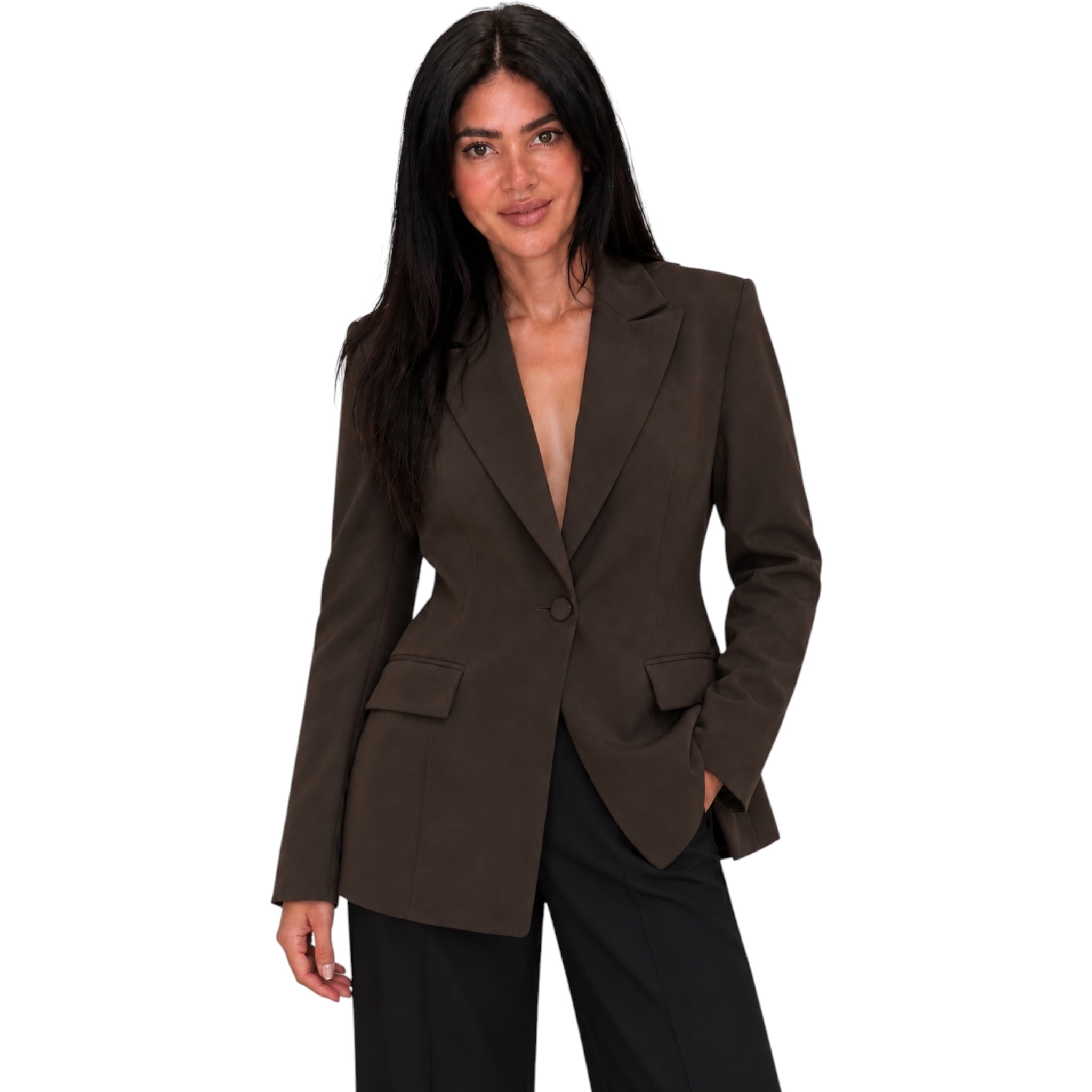 A woman modeling a dark brown single-breasted blazer with notch lapels and flap pockets, paired with black trousers, against a plain white background.