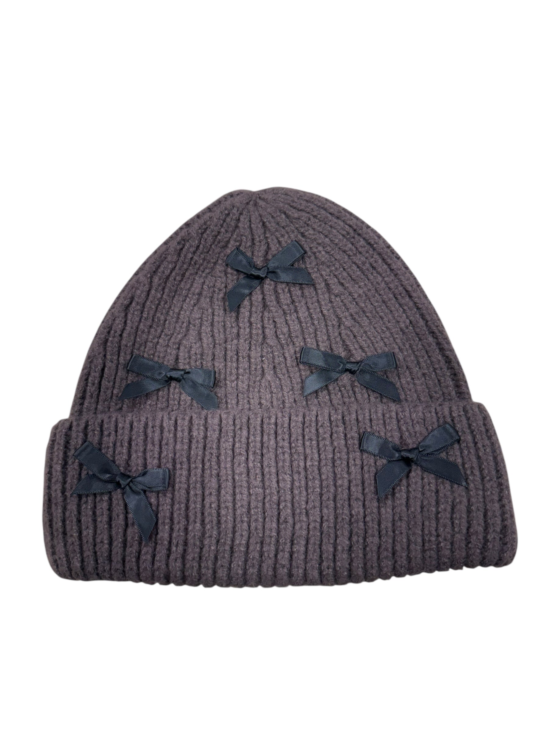 brown knit beanie with black bows on a white background