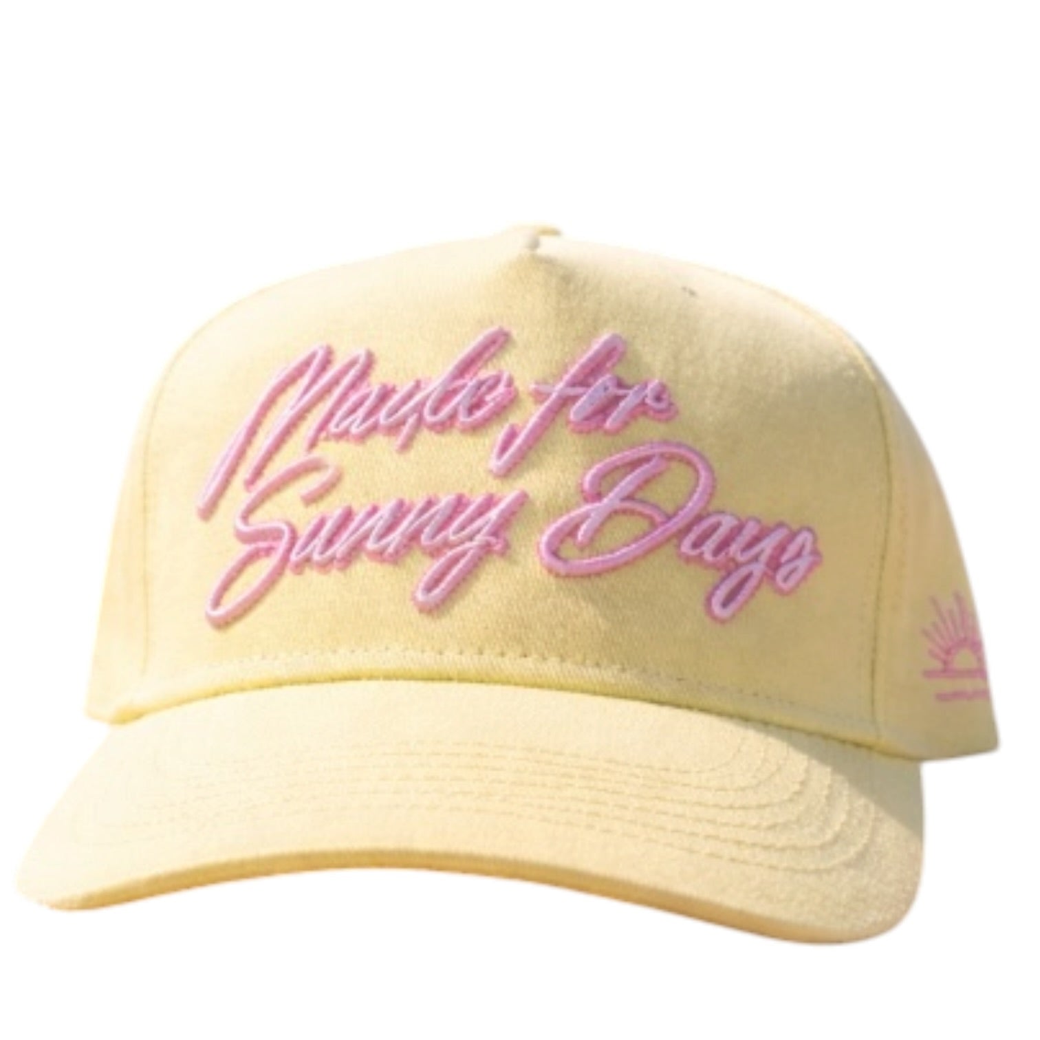 Yellow cap with pink text on a white background