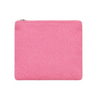 A small square pink zippered pouch with a textured fabric surface and a silver zipper pull, shown against a plain white background.