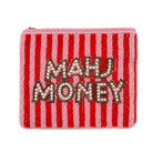 A pink and red beaded zip pouch featuring the text 'MAHU MONEY' in raised lettering with pearl-like white centers and dark outlines, set against a plain white background.