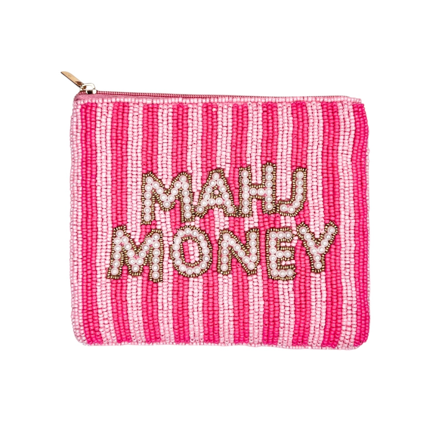 Pink and white striped pouch with 'MAHU MONEY' text on a white background