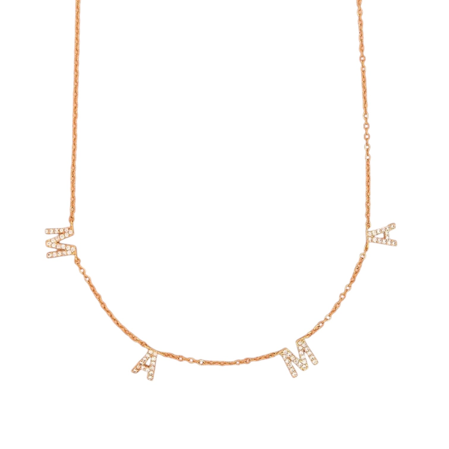 Gold necklace with letter charms on a white background