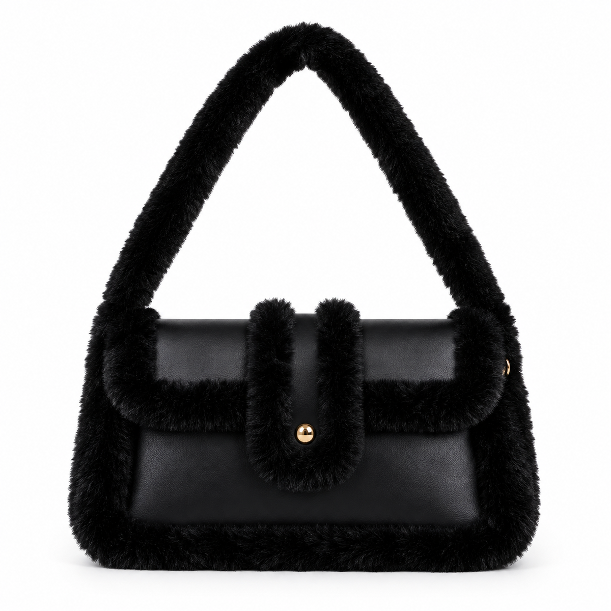 A black faux-fur trimmed shoulder bag with a smooth black leather front flap and a small gold-tone button detail, shown on a plain white background.
