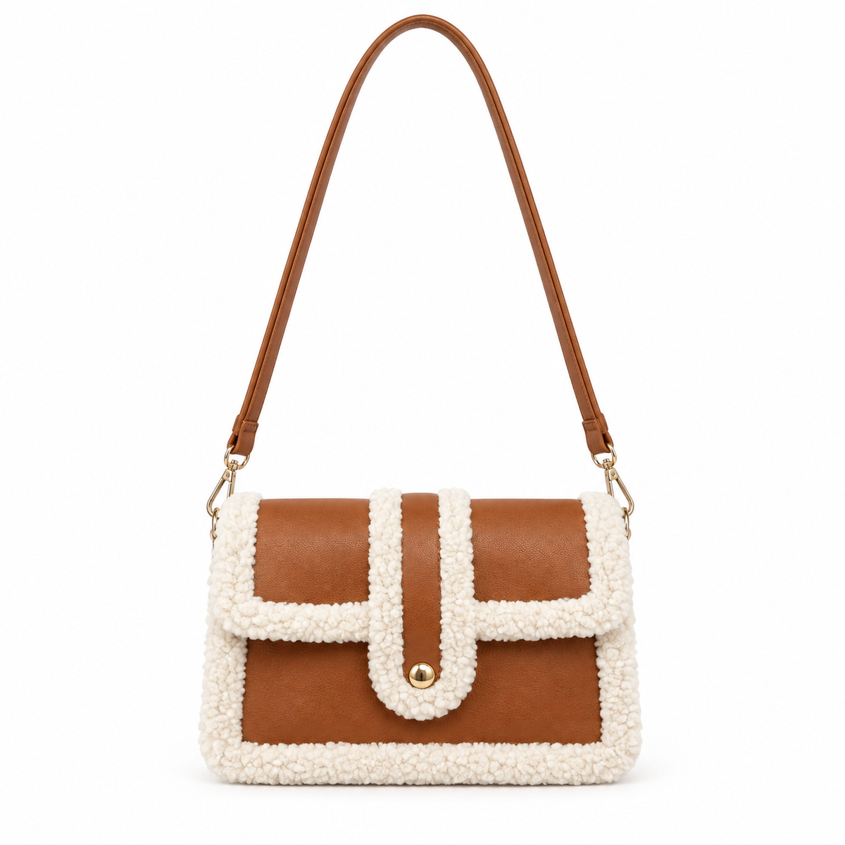 A structured shoulder bag with a brown faux-leather body and cream sherpa fleece trim, featuring a single brown shoulder strap and a gold-tone snap button closure.