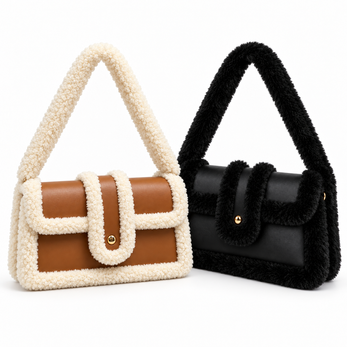 Two shoulder bags with fuzzy faux-shearling handles and trim, shown on a clean white background. The left bag is tan and cream, and the right bag is black and black.