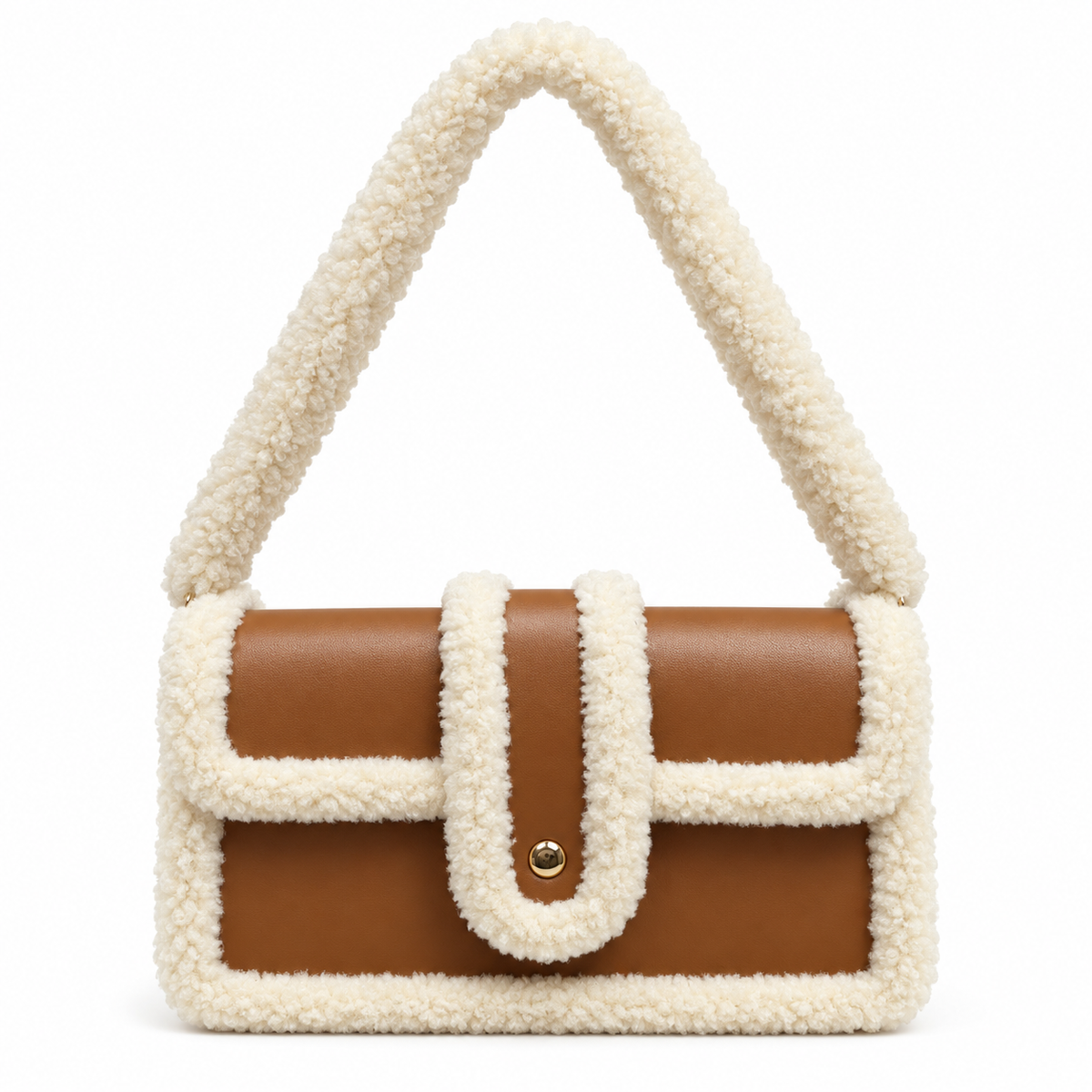 A structured shoulder bag with a smooth brown faux-leather body and thick cream sherpa fleece trim and handle, featuring a front flap pocket with a gold-tone snap button.