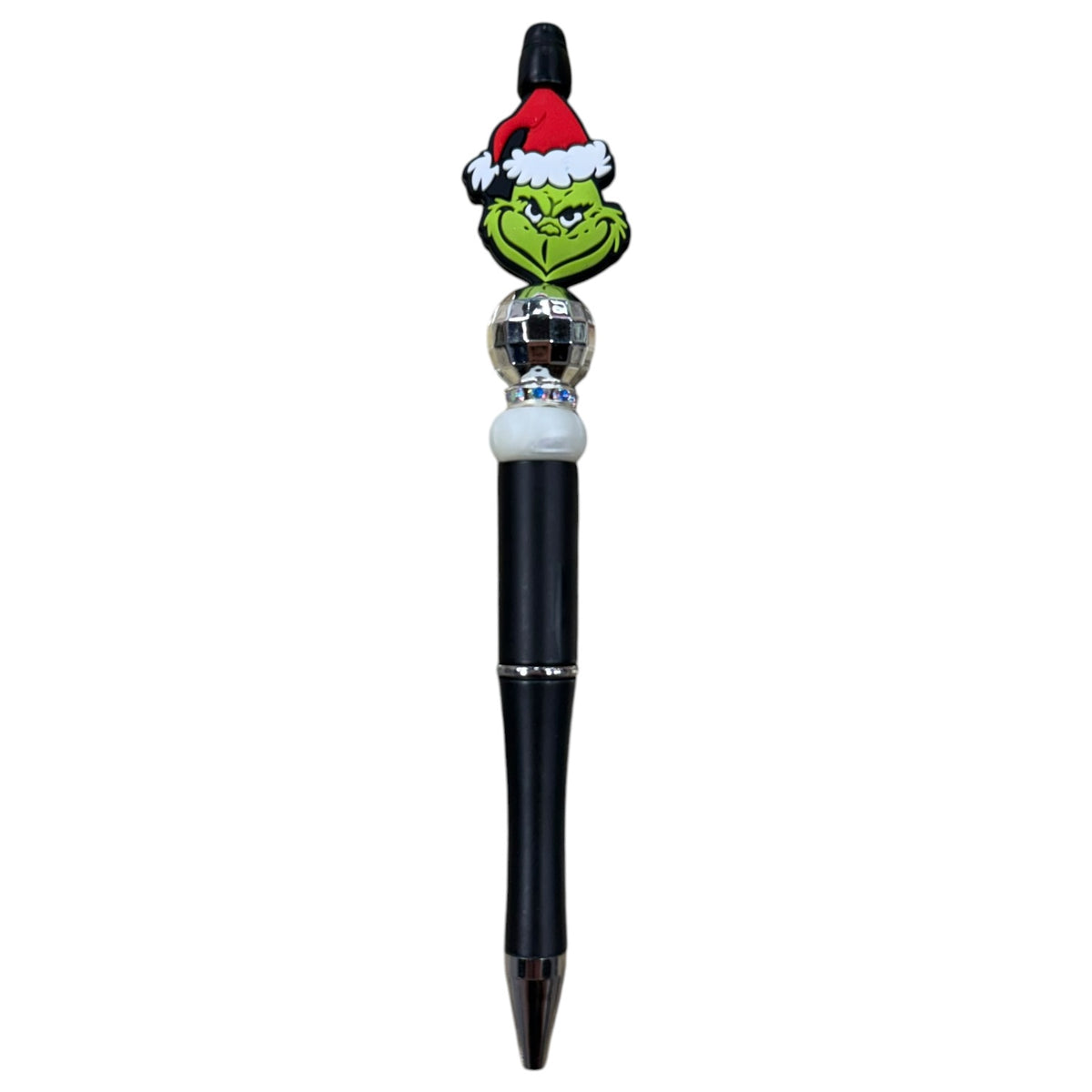Pen with Grinch character and Santa hat on a white background