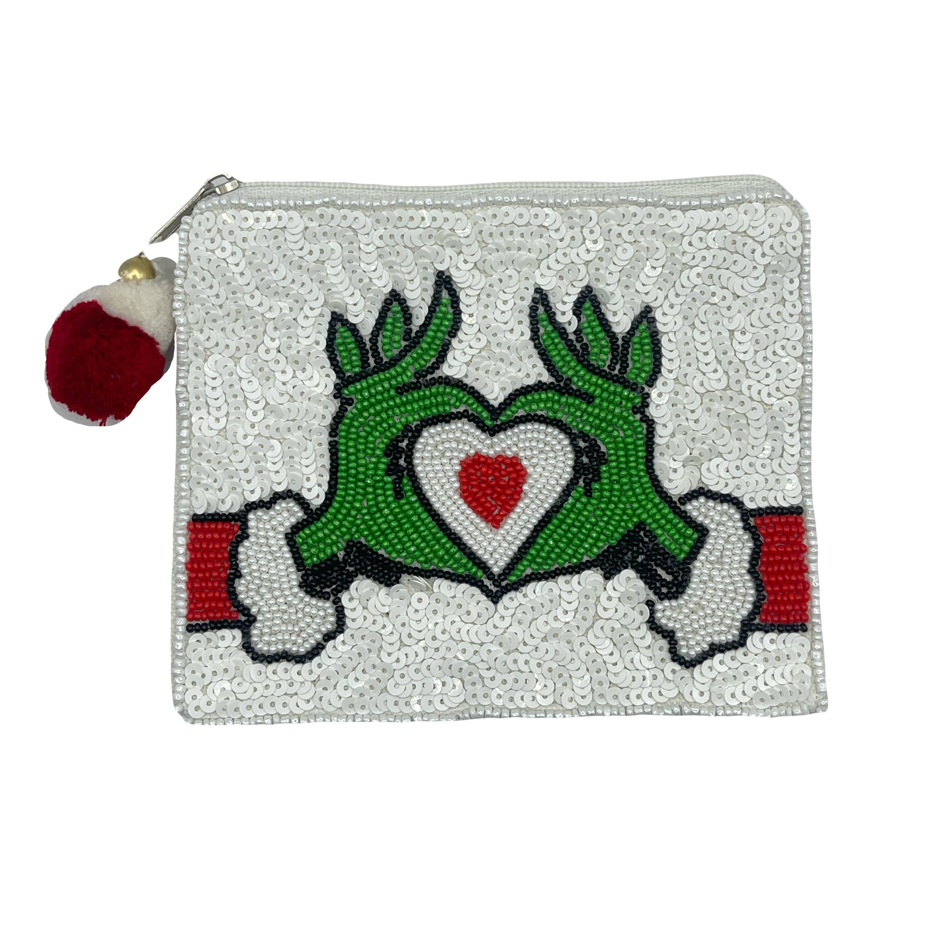 Pouch with grinch hands making a heart on a white background