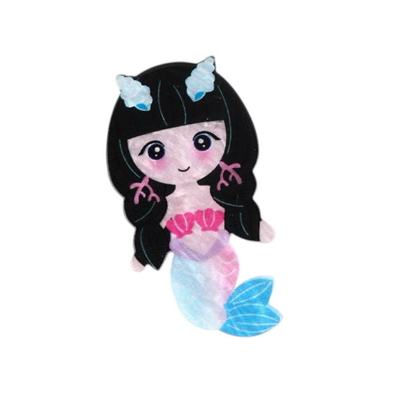 Mermaid plush toy with black hair and blue tail on a white background